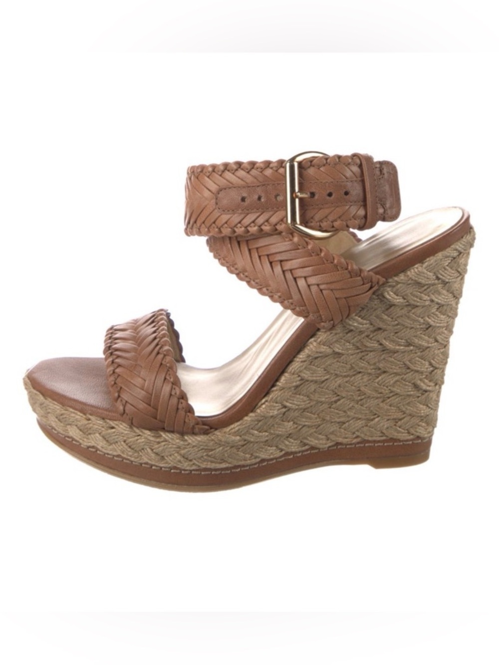 Stuart Weitzman
Mixup Woven Leather Wedge
Color: tan
Size: 7.5
